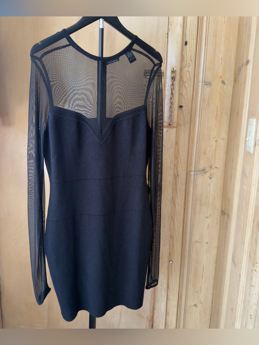 Black Retro Long-Sleeve Mesh Yoke Bodycon Dress